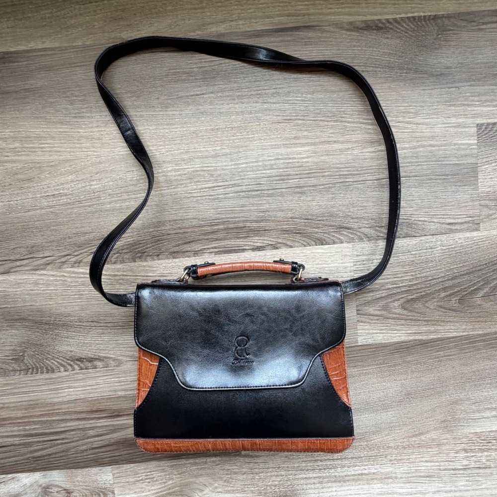 Bellerose Two Tone Black and Brown Faux Croc Trim Crossbody Bag Top Handle